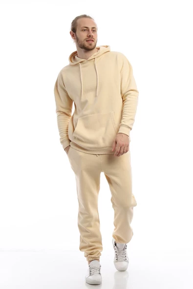 Erkek 3 İplik Pamuklu İçi Polarlı Oversize Kapüşonlu Kanguru Cepli Krem Sweatshirt - 4