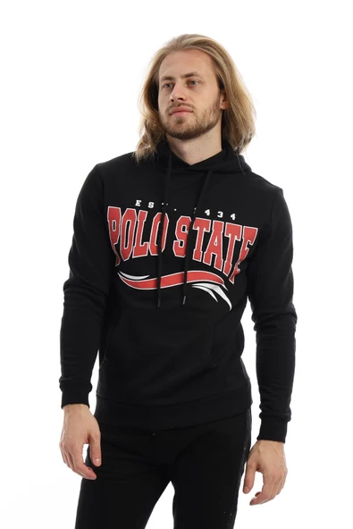 Erkek 3 İplik Pamuklu İçi Polarlı Regular Fit Baskılı Kapüşonlu Kanguru Cepli Siyah Sweatshirt - 3