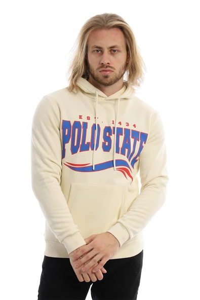 Erkek Polo State Baskılı Kapüşonlu 3 İplik Şardonlu Sweatshirt Ekru