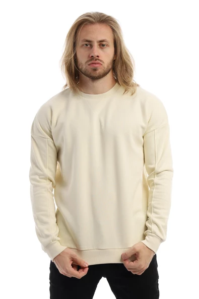 Erkek 3 İplik Pamuklu İçi Polarlı Regular Fit Basic Bisklet Yaka Krem Sweatshirt ürün görseli 1