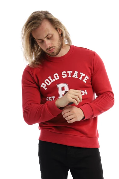 Erkek 3 İplik Pamuklu Baskılı Regular Fit Basic Bisiklet Yaka Kırmızı Sweatshirt - Resim 2