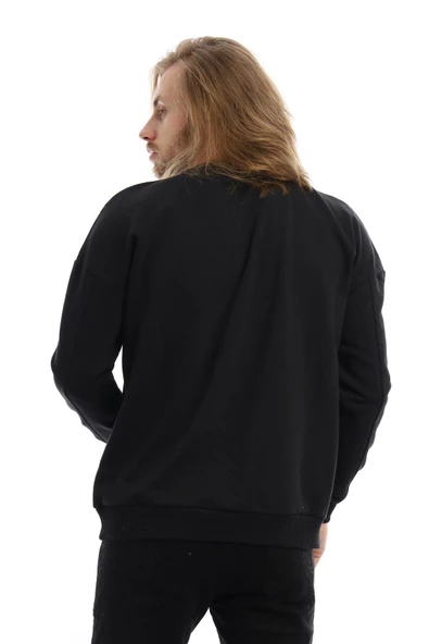 Erkek 3 İplik Pamuklu İçi Polarlı Regular Fit Basic Bisklet Yaka Siyah Sweatshirt - Resim 10