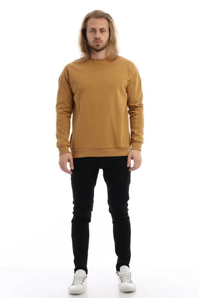 Erkek 3 İplik Pamuklu İçi Polarlı Regular Fit Basic Bisklet Yaka Kahverengi Sweatshirt - 4