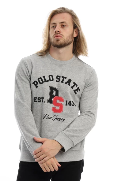 Erkek 3 İplik Pamuklu Baskılı Regular Fit Basic Bisiklet Yaka Gri Sweatshirt - 2