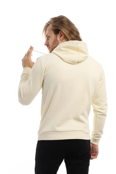 Erkek 3 İplik Pamuklu İçi Polarlı Regular Fit Baskılı Kapüşonlu Kanguru Cepli Ekru Sweatshirt - Resim 5