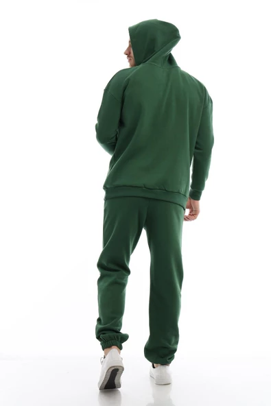 Erkek 3 İplik Pamuklu İçi Polarlı Oversize Kapüşonlu Kanguru Cepli Yeşil Sweatshirt - Resim 12