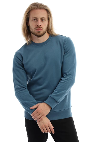 Erkek 3 İplik Pamuklu Regular Fit Basic Bisiklet Yaka Mavi Sweatshirt ürün görseli 1