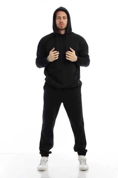 Erkek 3 İplik Pamuklu İçi Polarlı Oversize Kapüşonlu Kanguru Cepli Siyah Sweatshirt - Resim 11