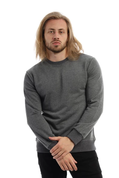 Erkek 3 İplik Pamuklu Regular Fit Basic Bisiklet Yaka Antrasit Sweatshirt - 12