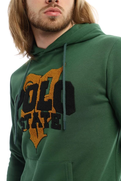 Erkek 3 İplik Pamuklu İçi Polarlı Süzine Nakışlı Regular Fit Kapüşonlu Kanguru Cepli yeşil Sweatshirt - 8