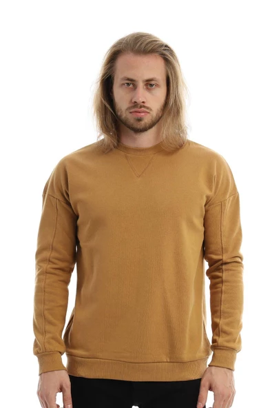 Erkek 3 İplik Pamuklu İçi Polarlı Regular Fit Basic Bisklet Yaka Kahverengi Sweatshirt - 6