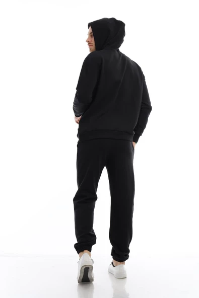 Erkek 3 İplik Pamuklu İçi Polarlı Oversize Kapüşonlu Kanguru Cepli Siyah Sweatshirt - Resim 8