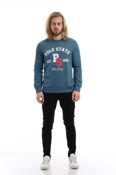 Erkek 3 İplik Pamuklu Baskılı Regular Fit Basic Bisiklet Yaka Mavi Sweatshirt - 4