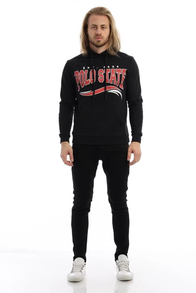Erkek 3 İplik Pamuklu İçi Polarlı Regular Fit Baskılı Kapüşonlu Kanguru Cepli Siyah Sweatshirt - 9