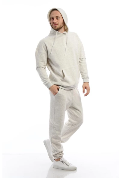 Erkek 3 İplik Pamuklu İçi Polarlı Oversize Kapüşonlu Kanguru Cepli Kar Melanj Sweatshirt - 9