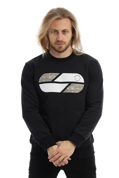 Erkek 3 İplik Pamuklu Baskılı Regular Fit Basic Bisiklet Yaka Siyah Sweatshirt - 12