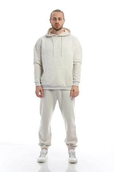 Erkek 3 İplik Pamuklu İçi Polarlı Oversize Kapüşonlu Kanguru Cepli Kar Melanj Sweatshirt - 3