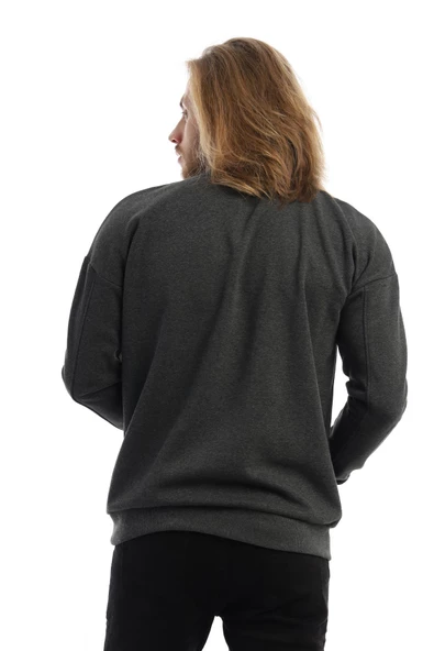 Erkek 3 İplik Pamuklu İçi Polarlı Regular Fit Basic Bisklet Yaka Antrasit Sweatshirt - 10