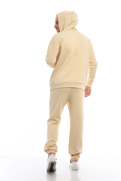 Erkek 3 İplik Pamuklu İçi Polarlı Oversize Kapüşonlu Kanguru Cepli Krem Sweatshirt - 5