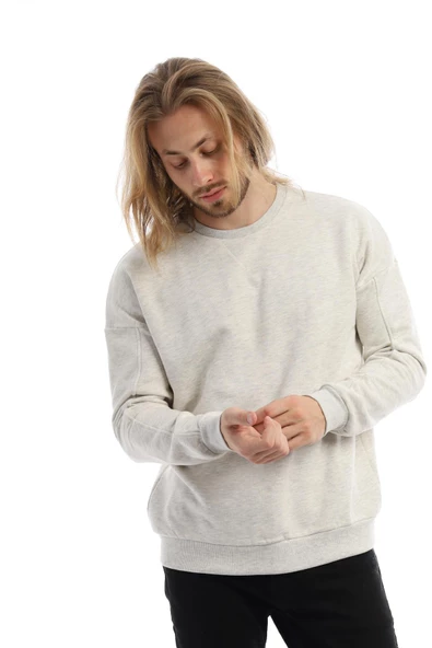 Erkek 3 İplik Pamuklu İçi Polarlı Regular Fit Basic Bisklet Yaka Kar Melanj Sweatshirt - Resim 3