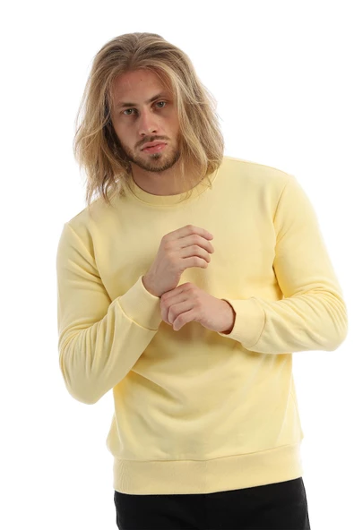 Erkek 3 İplik Pamuklu Regular Fit Basic Bisiklet Yaka Sarı Sweatshirt - 12
