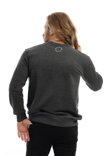 Erkek 3 İplik Pamuklu Baskılı Regular Fit Basic Bisiklet Yaka Antrasit Sweatshirt - 10