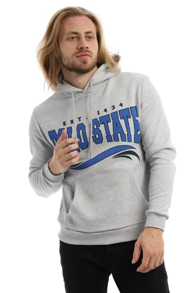 Erkek 3 İplik Pamuklu İçi Polarlı Regular Fit Baskılı Kapüşonlu Kanguru Cepli Gri Sweatshirt - Resim 3