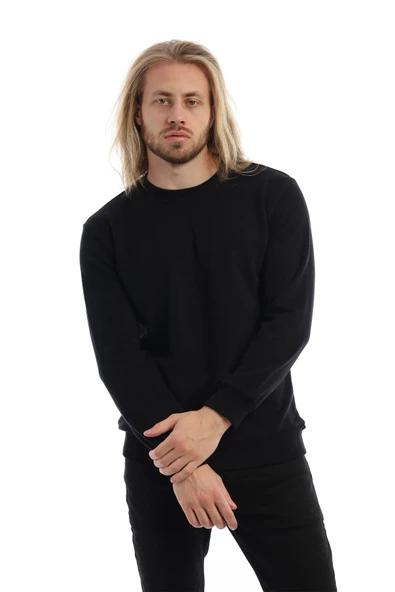 Erkek 3 İplik Pamuklu Regular Fit Basic Bisiklet Yaka Siyah Sweatshirt - 2