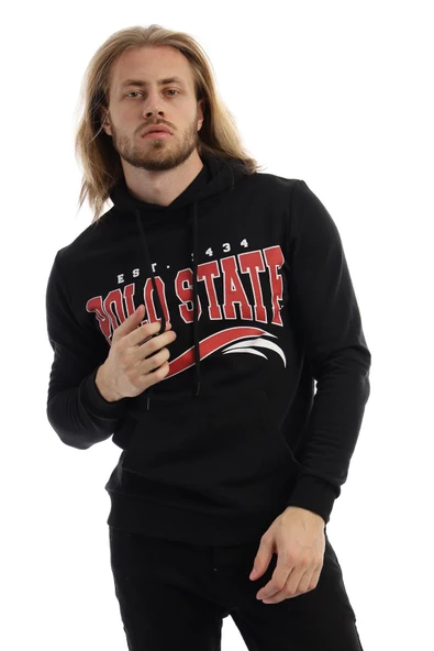 Erkek 3 İplik Pamuklu İçi Polarlı Regular Fit Baskılı Kapüşonlu Kanguru Cepli Siyah Sweatshirt - 7