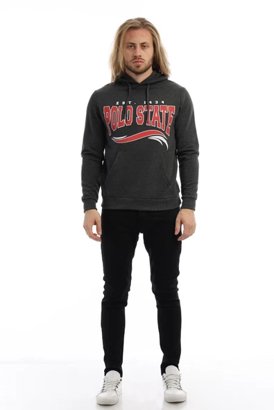 Erkek 3 İplik Pamuklu İçi Polarlı Regular Fit Baskılı Kapüşonlu Kanguru Cepli Antrasit Sweatshirt - 11