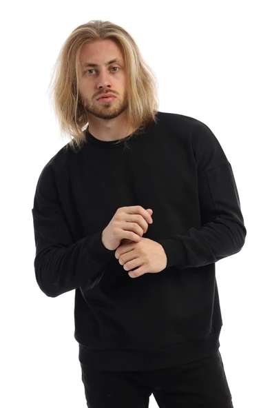 Erkek 3 İplik Pamuklu İçi Polarlı Regular Fit Basic Bisklet Yaka Siyah Sweatshirt - Resim 8