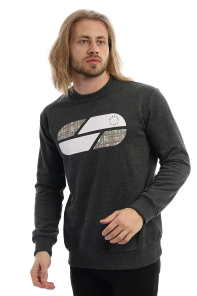 Erkek 3 İplik Pamuklu Baskılı Regular Fit Basic Bisiklet Yaka Antrasit Sweatshirt - 6