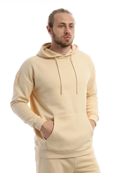 Erkek 3 İplik Pamuklu İçi Polarlı Oversize Kapüşonlu Kanguru Cepli Krem Sweatshirt - 6