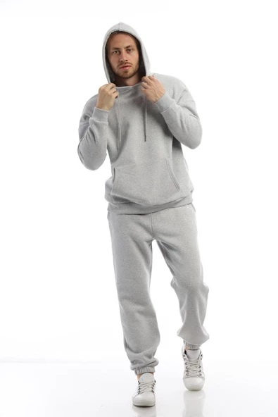 Erkek 3 İplik Pamuklu İçi Polarlı Oversize Kapüşonlu Kanguru Cepli Gri Sweatshirt - Resim 8