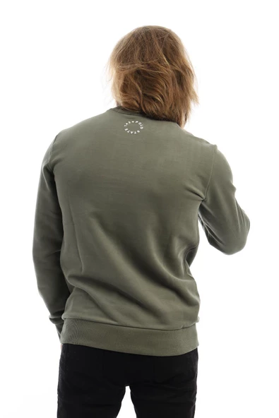 Erkek 3 İplik Pamuklu Baskılı Regular Fit Basic Bisiklet Yaka Yeşil Sweatshirt - Resim 5