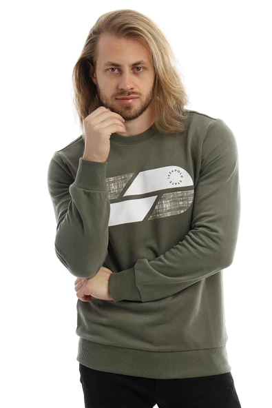 Erkek 3 İplik Pamuklu Baskılı Regular Fit Basic Bisiklet Yaka Yeşil Sweatshirt - Resim 7