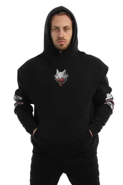 Erkek 3 İplik Pamuklu İçi Polarlı  Oversize Ön Arka Kol Baskılı Kapüşonlu Kanguru Cepli Siyah Sweatshirt - 4