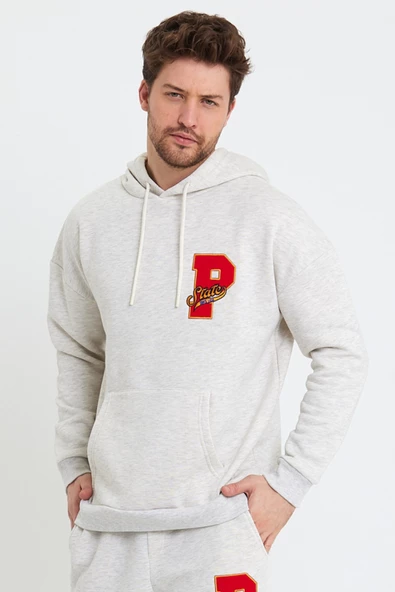 Erkek 3 İplik Pamuklu İçi Polarlı Oversize Nakışlı Kapüşonlu Kanguru Cepli Kar Melanj Sweatshirt - 10