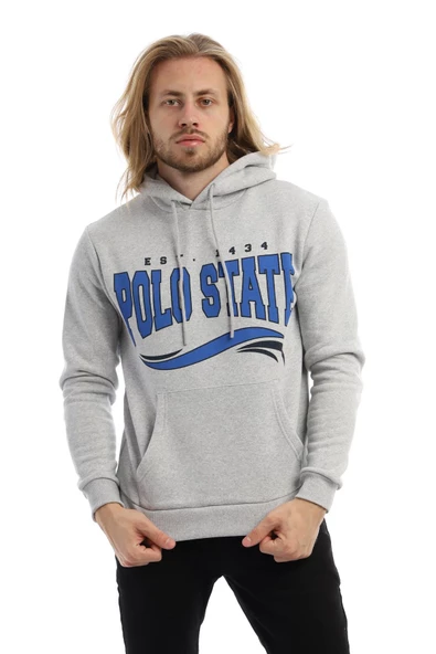 Erkek 3 İplik Pamuklu İçi Polarlı Regular Fit Baskılı Kapüşonlu Kanguru Cepli Gri Sweatshirt