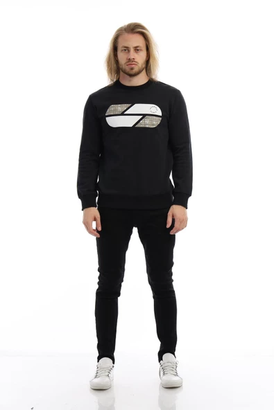 Erkek 3 İplik Pamuklu Baskılı Regular Fit Basic Bisiklet Yaka Siyah Sweatshirt - 4