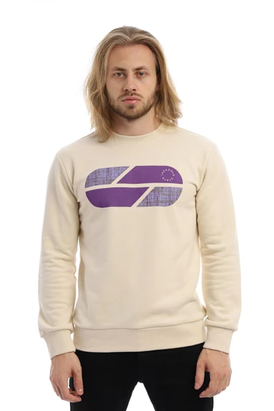 Erkek 3 İplik Pamuklu Baskılı Regular Fit Basic Bisiklet Yaka Ekru Sweatshirt - 6