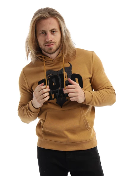 Erkek 3 İplik Pamuklu İçi Polarlı Süzine Nakışlı Regular Fit Kapüşonlu Kanguru Cepli Kahverengi Sweatshirt - Resim 7
