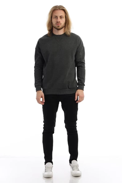 Erkek 3 İplik Pamuklu İçi Polarlı Regular Fit Basic Bisklet Yaka Antrasit Sweatshirt - 9