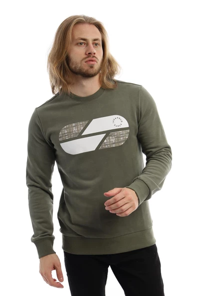 Erkek 3 İplik Pamuklu Baskılı Regular Fit Basic Bisiklet Yaka Yeşil Sweatshirt - Resim 3