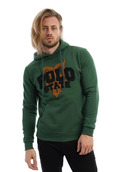 Erkek 3 İplik Pamuklu İçi Polarlı Süzine Nakışlı Regular Fit Kapüşonlu Kanguru Cepli yeşil Sweatshirt - 6