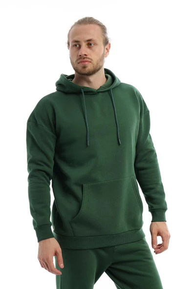 Erkek 3 İplik Pamuklu İçi Polarlı Oversize Kapüşonlu Kanguru Cepli Yeşil Sweatshirt - Resim 5