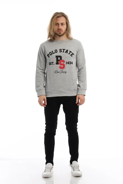 Erkek 3 İplik Pamuklu Baskılı Regular Fit Basic Bisiklet Yaka Gri Sweatshirt - 7