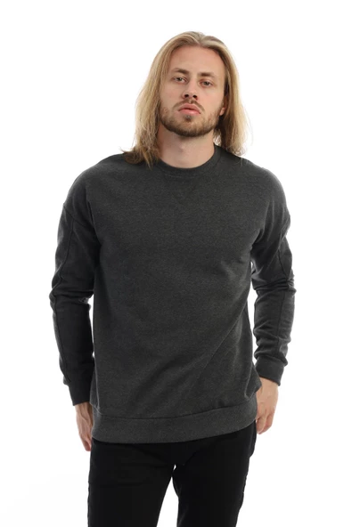 Erkek 3 İplik Pamuklu İçi Polarlı Regular Fit Basic Bisklet Yaka Antrasit Sweatshirt - 11