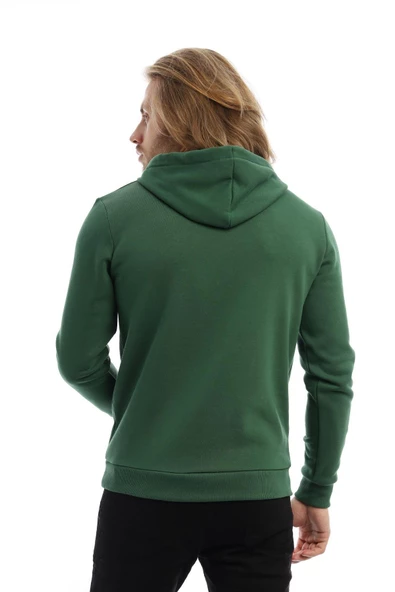 Erkek 3 İplik Pamuklu İçi Polarlı Süzine Nakışlı Regular Fit Kapüşonlu Kanguru Cepli yeşil Sweatshirt - 10