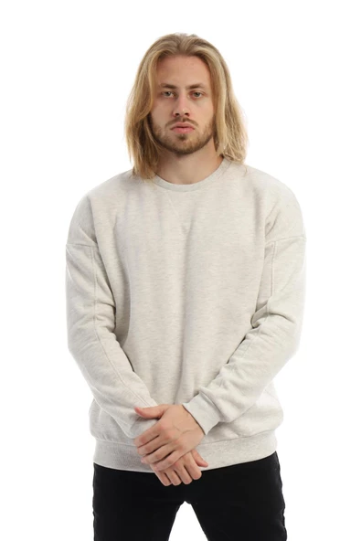 Erkek 3 İplik Pamuklu İçi Polarlı Regular Fit Basic Bisklet Yaka Kar Melanj Sweatshirt - Resim 12